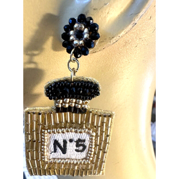 Beaded N5 Gold & Black Post Earrings Sexy 2.75" Drop Holiday Gifts Christmas - Picture 2 of 4